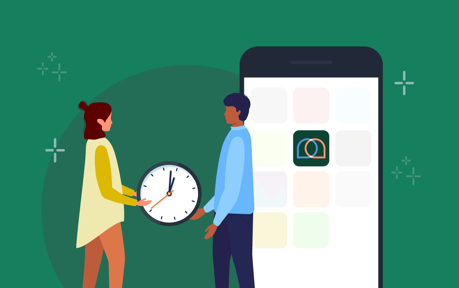 Woman giving a clock representing time to a man with a phone in the background