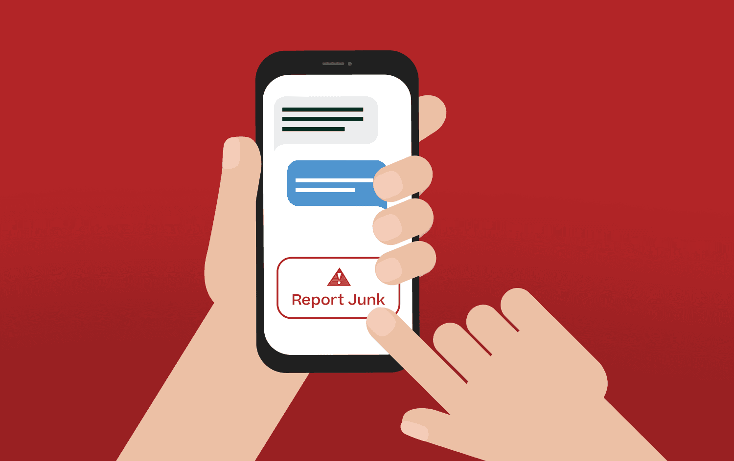 Cartoon representation of a text message conversation with the “Report Junk” option highlighted