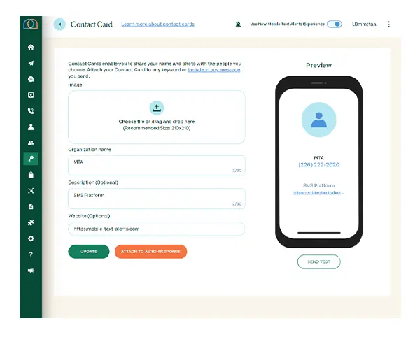 Screenshot of SMS contact card setup