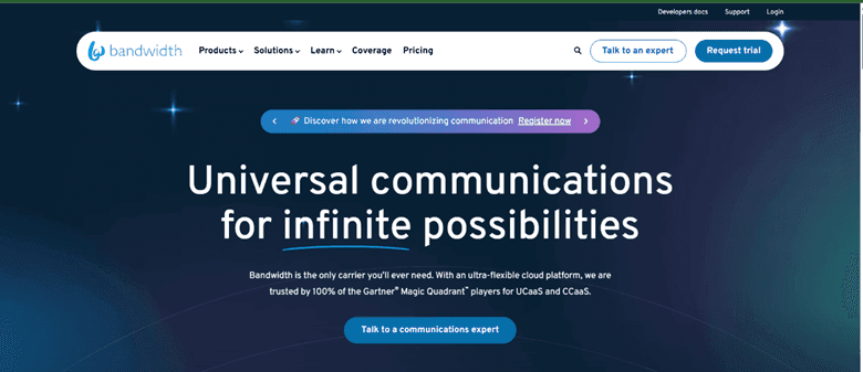 Screenshot of Bandwidth home page