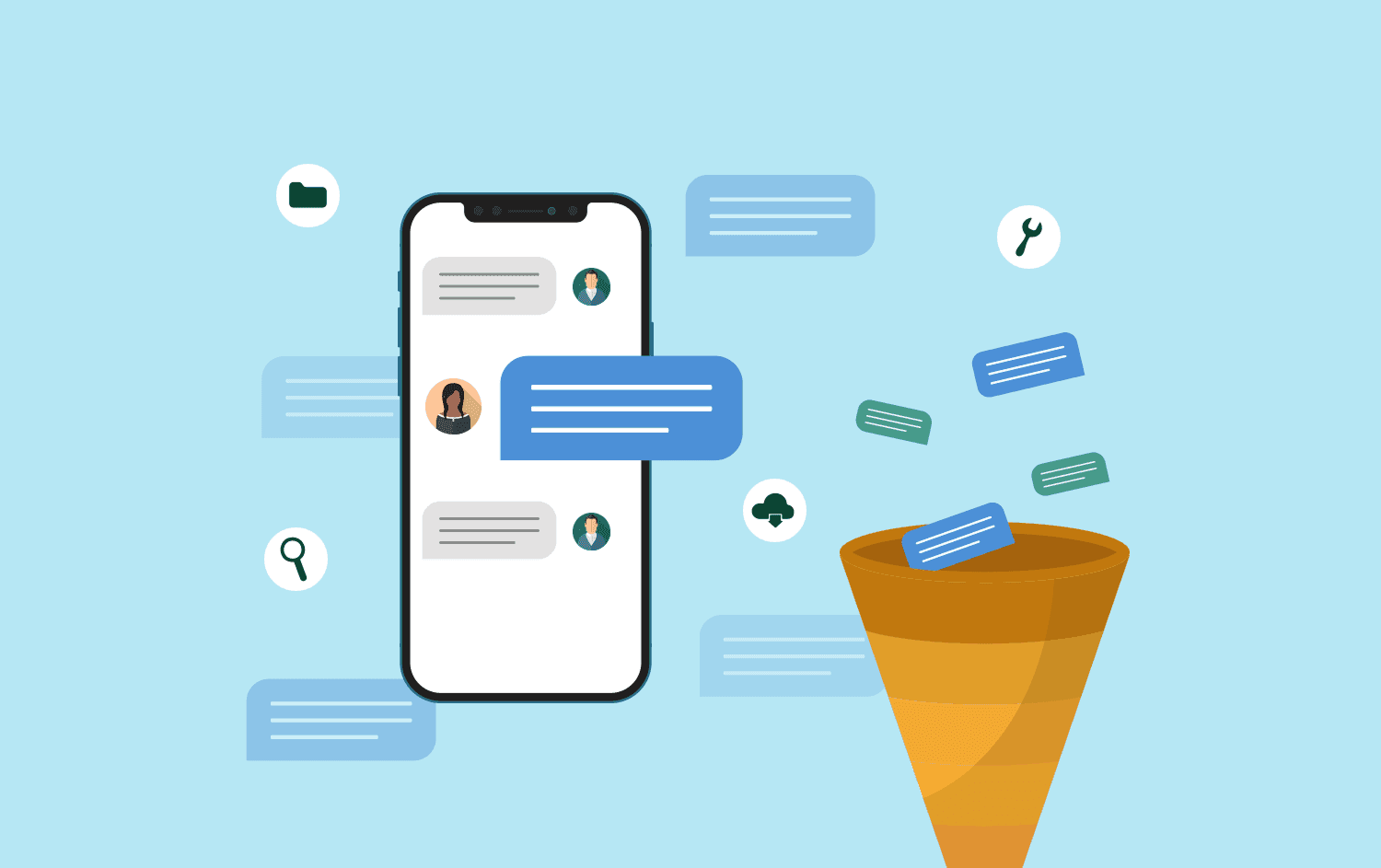 Blog header showing text messages going into a funnel