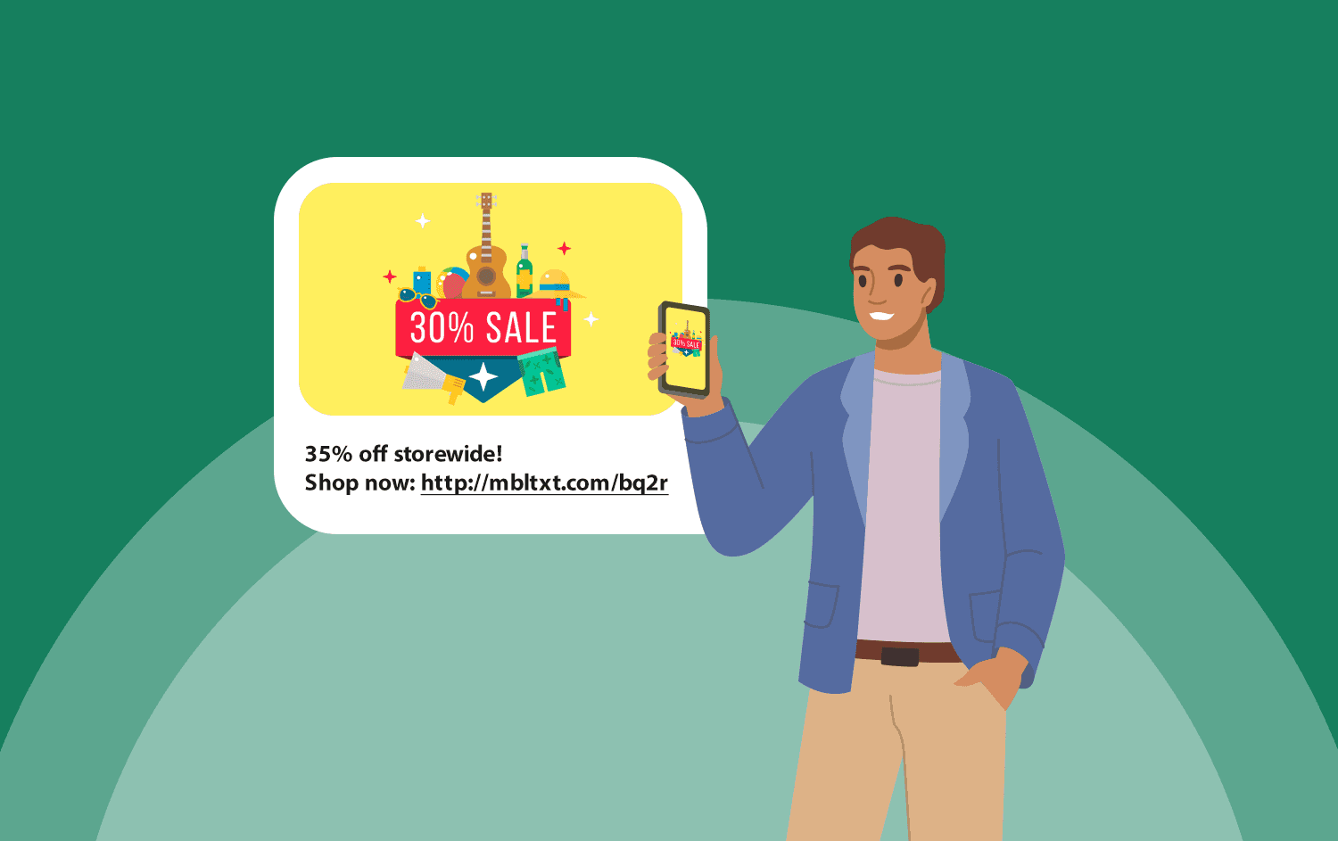 Cartoon man receiving a marketing SMS