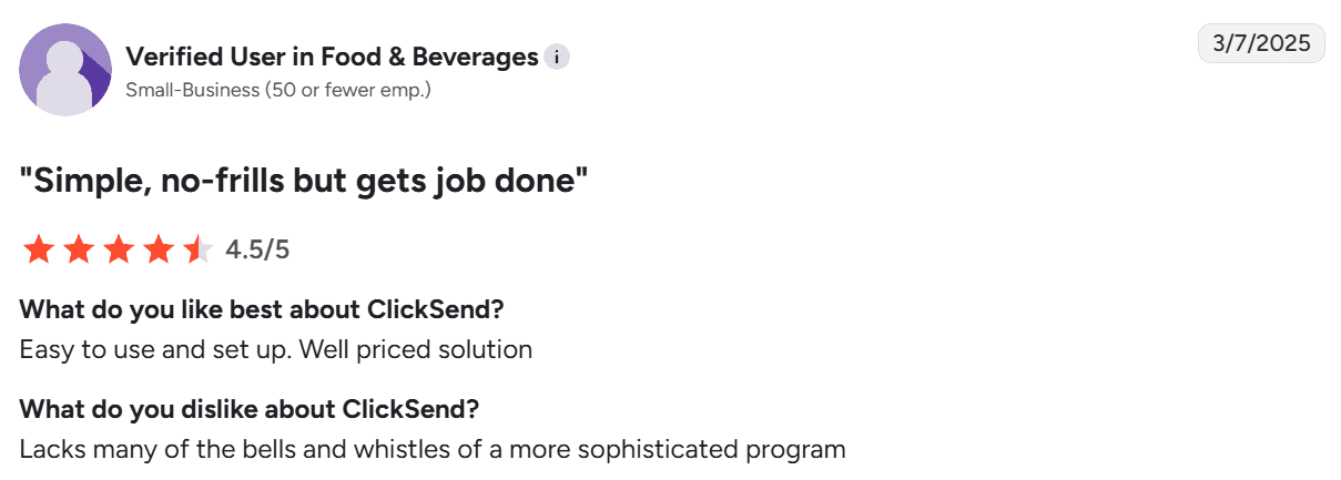 Screenshot of G2 review of ClickSend