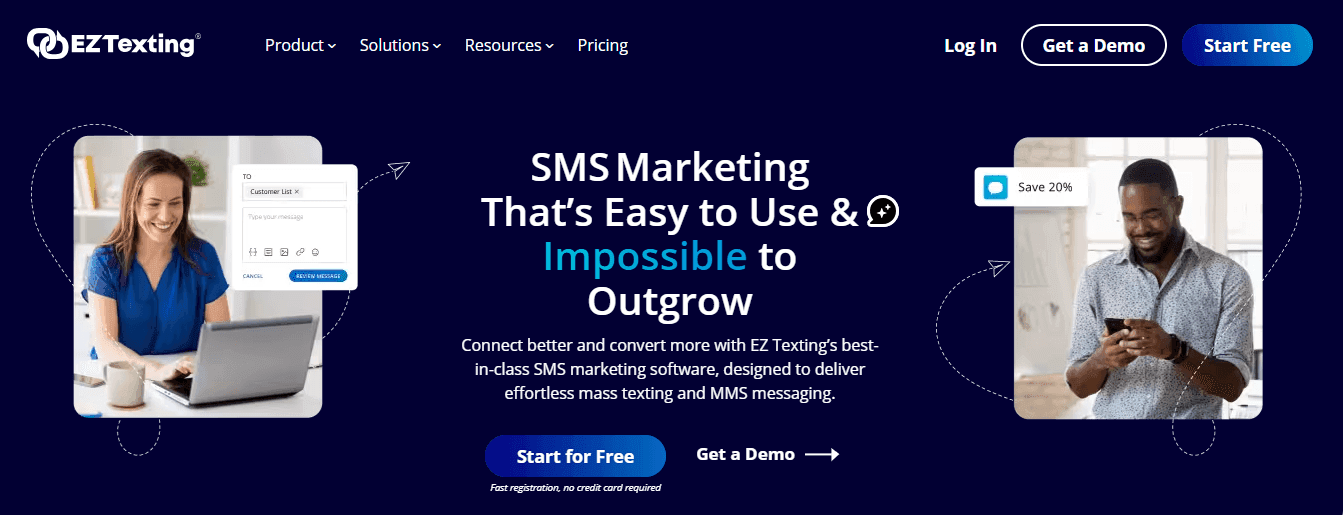 Screenshot of EZ Texting home page