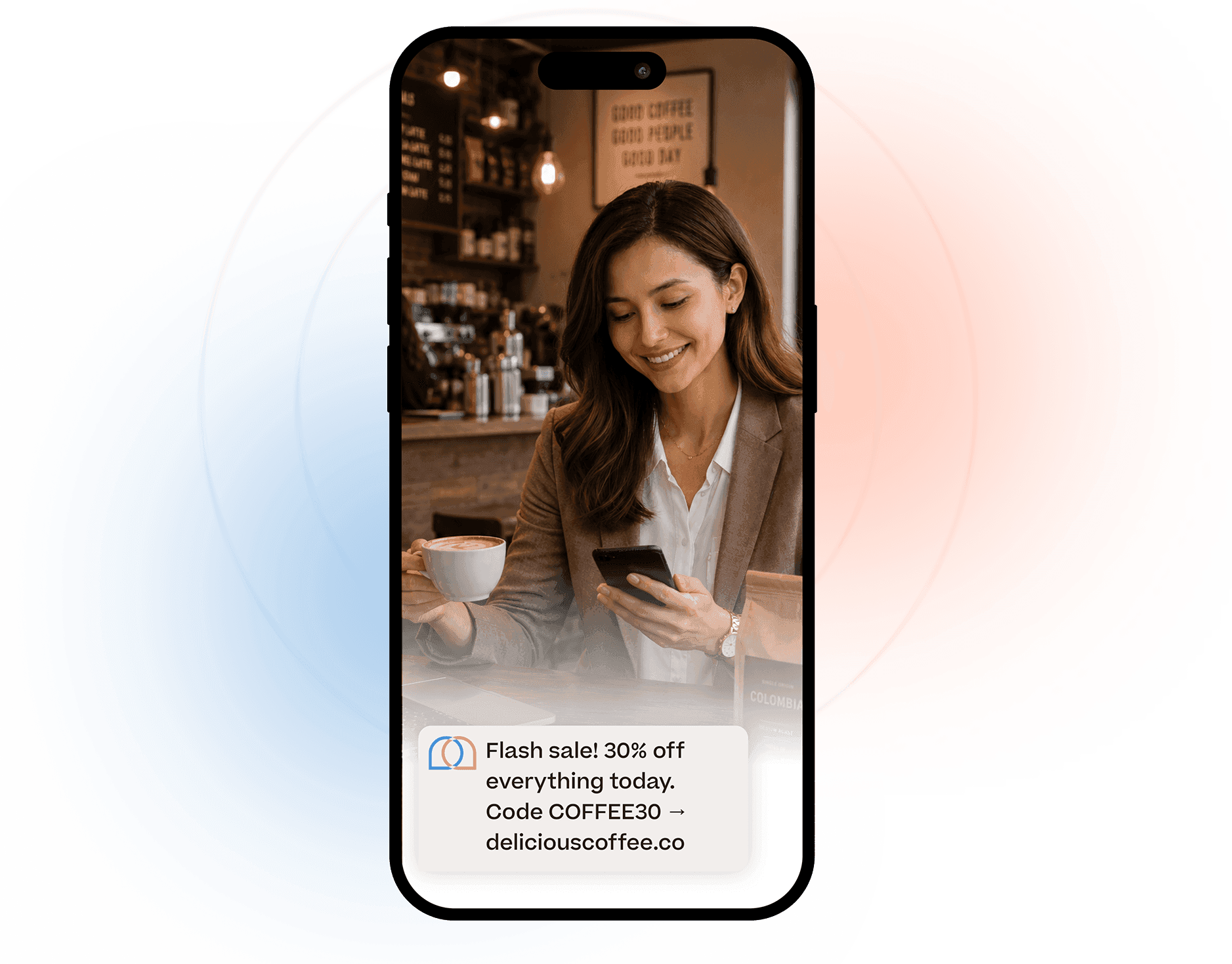 iPhone mockup showing a marketing text of 30% off