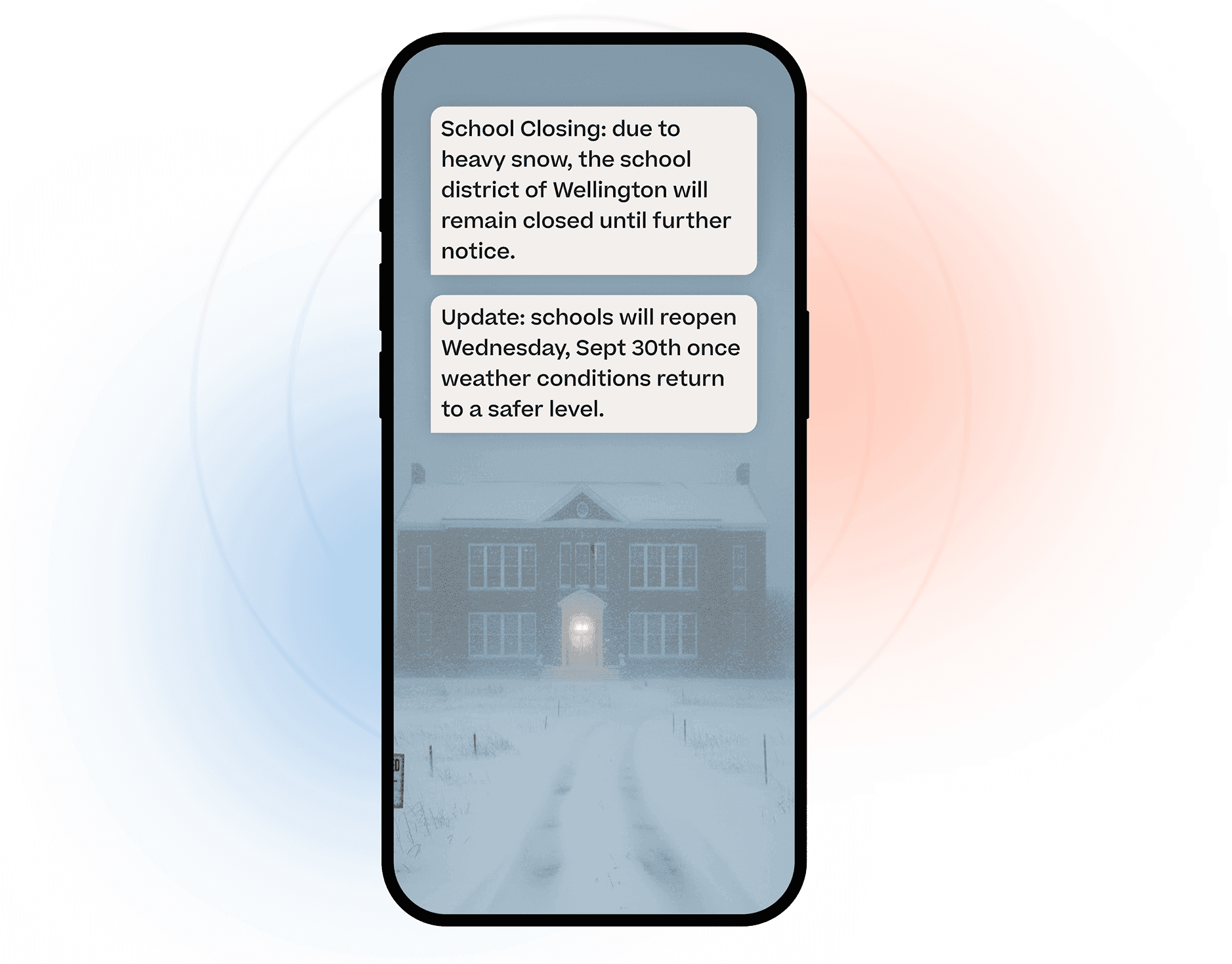 iPhone mockup showing a school weather alert