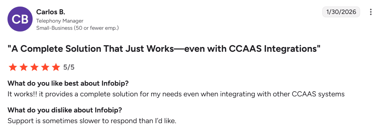 Screenshot of G2 review of Infobip