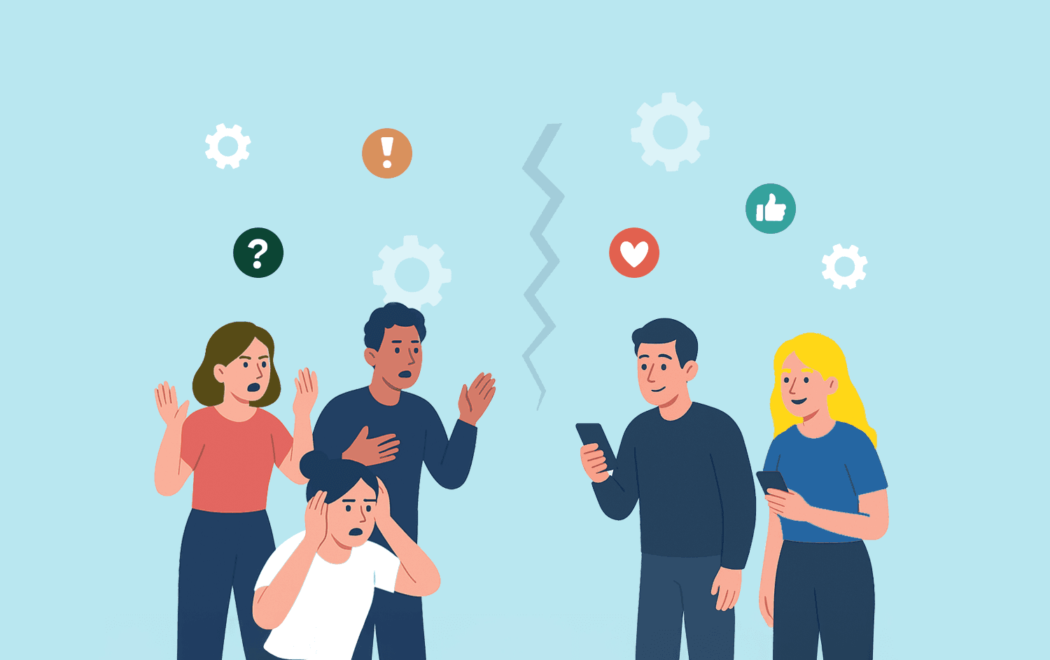 Header image showing frustrated team members on one side and happy team members on the other