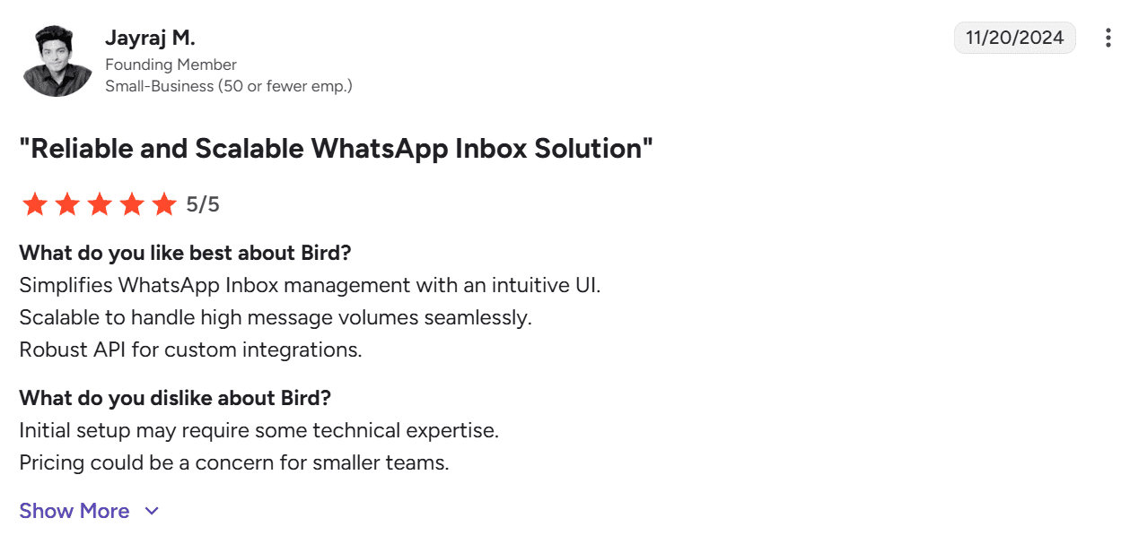 Screenshot of G2 review of MessageBird