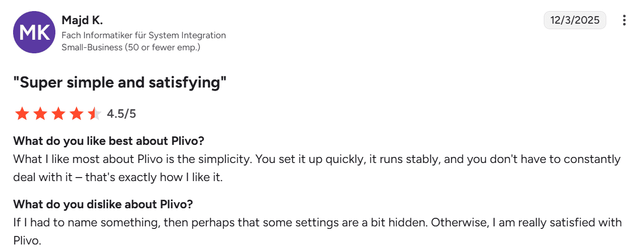 Screenshot of G2 review of Plivo