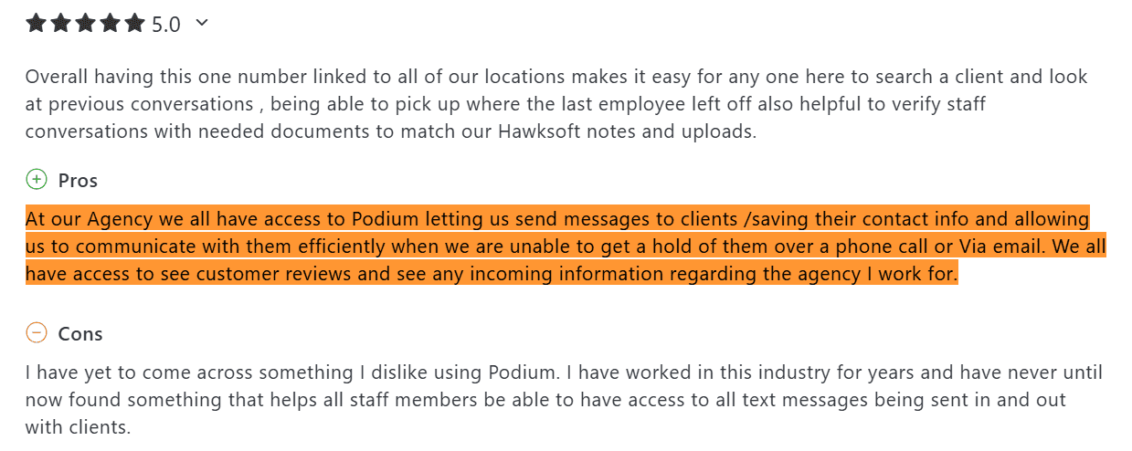 Review praising shared access to client messages and reviews
