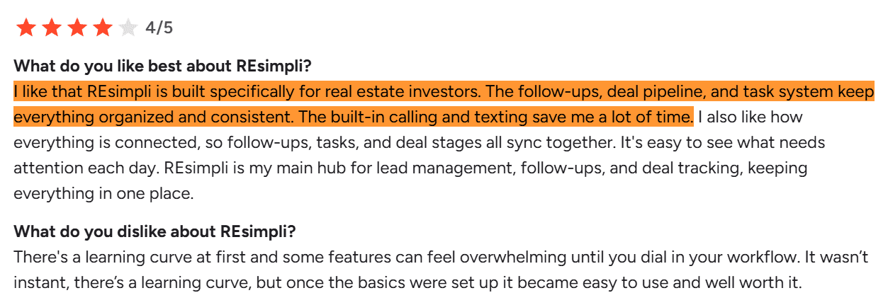 Review praising REsimpli's built-in communication and lead management