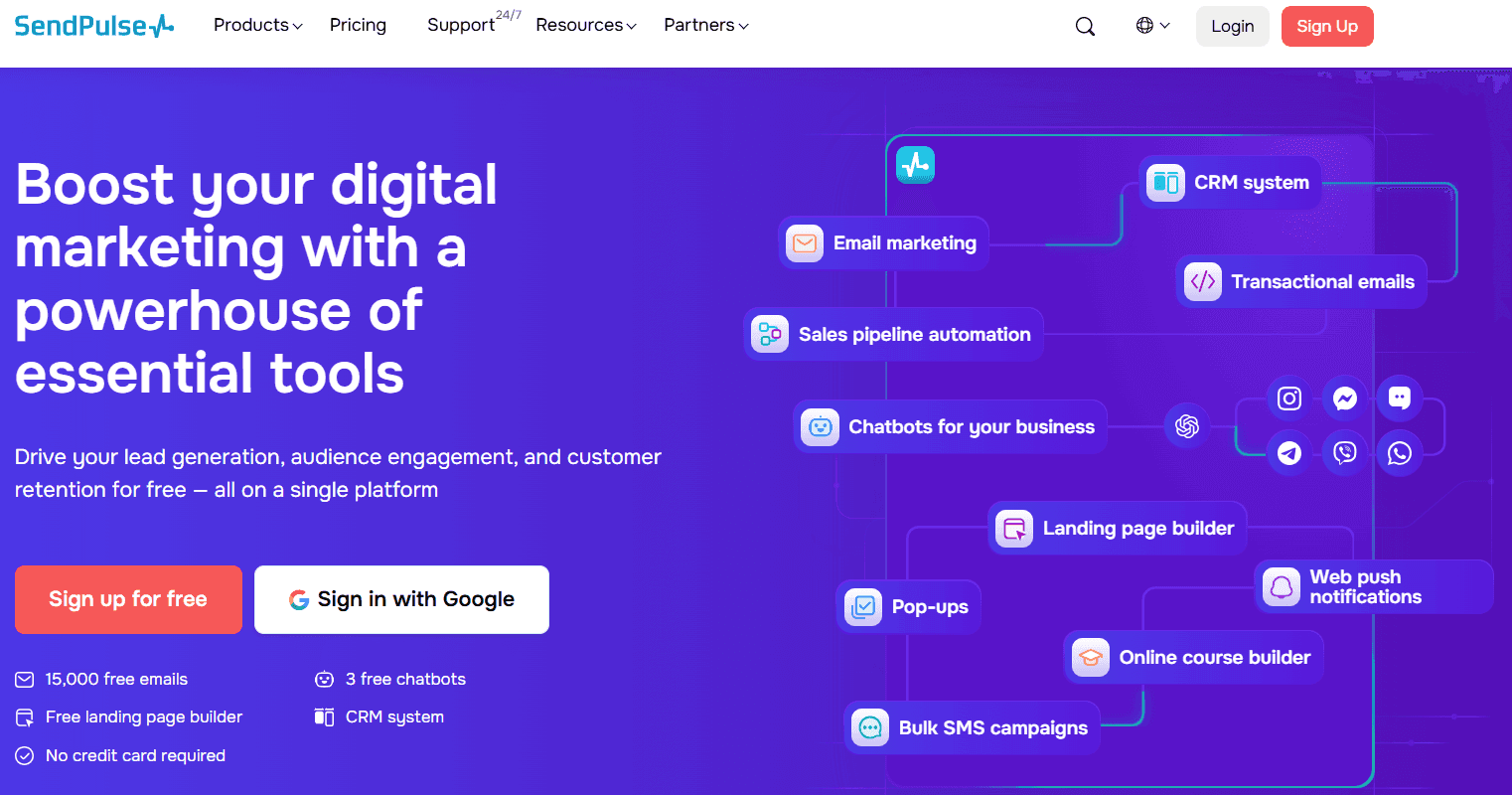 Screenshot of SendPulse home page