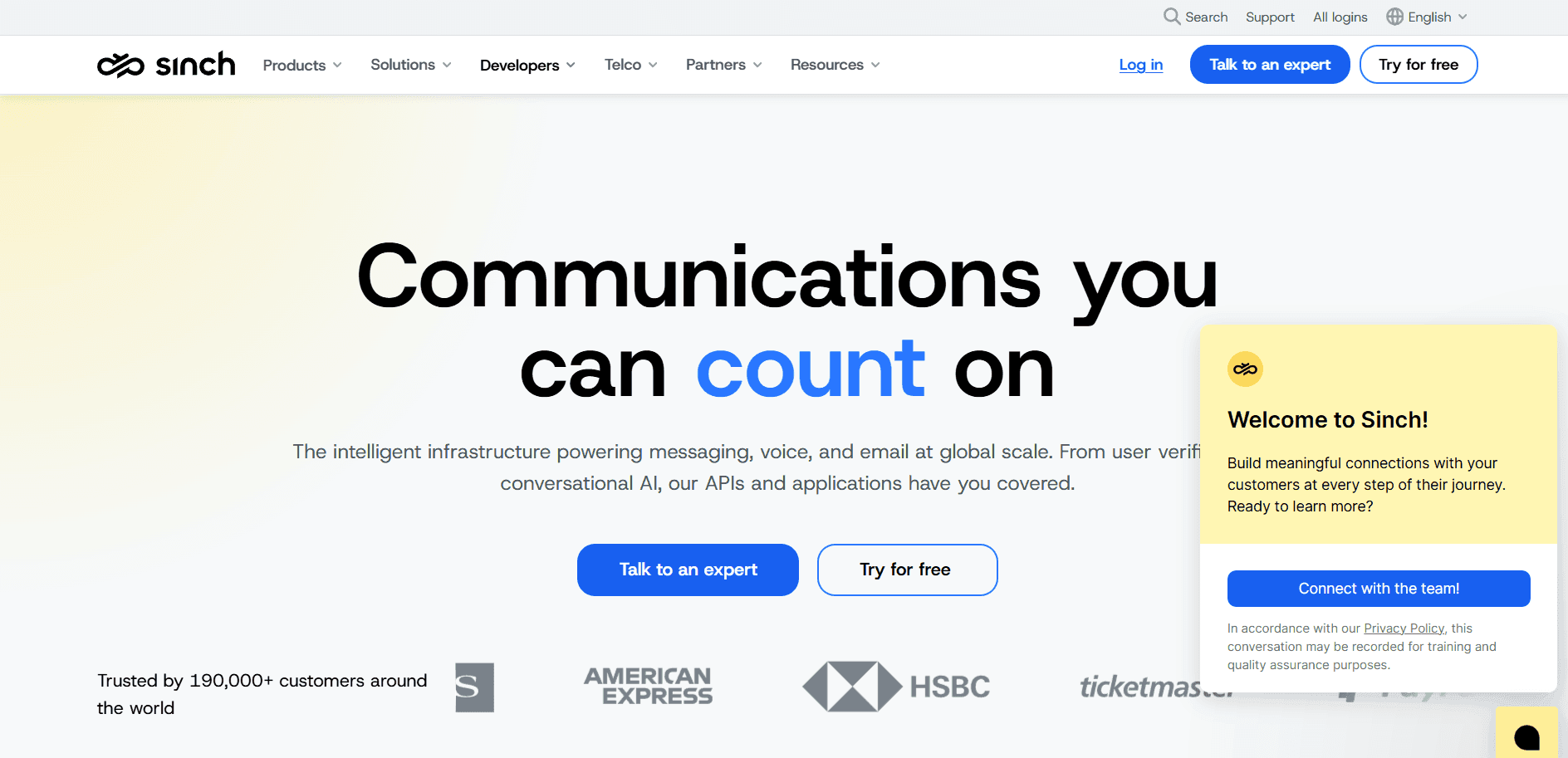 Screenshot of Sinch home page