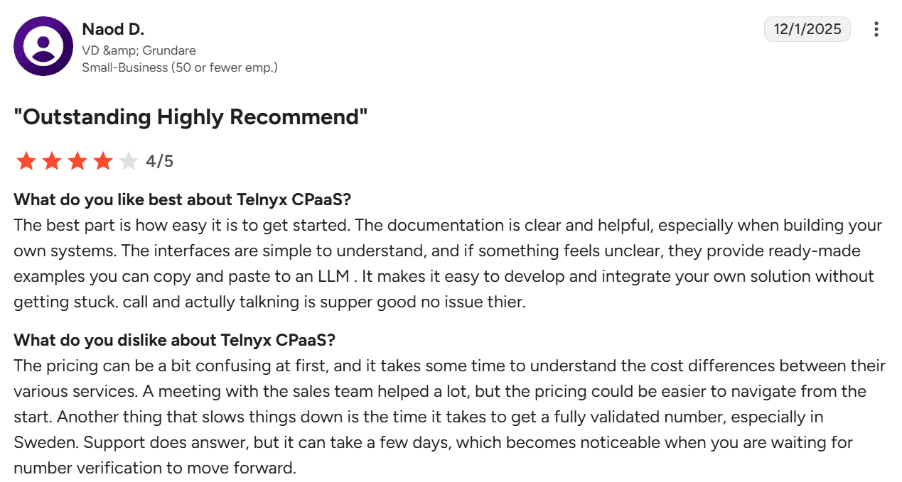 Screenshot of G2 review for Telnyx