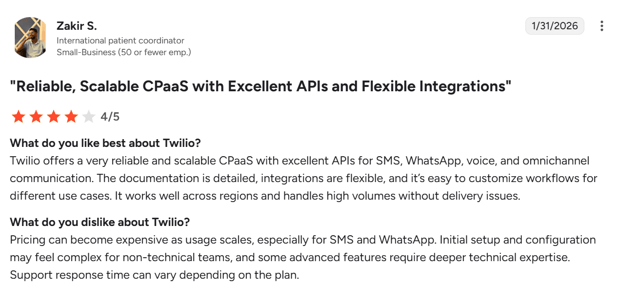 Screenshot of G2 review for Twilio