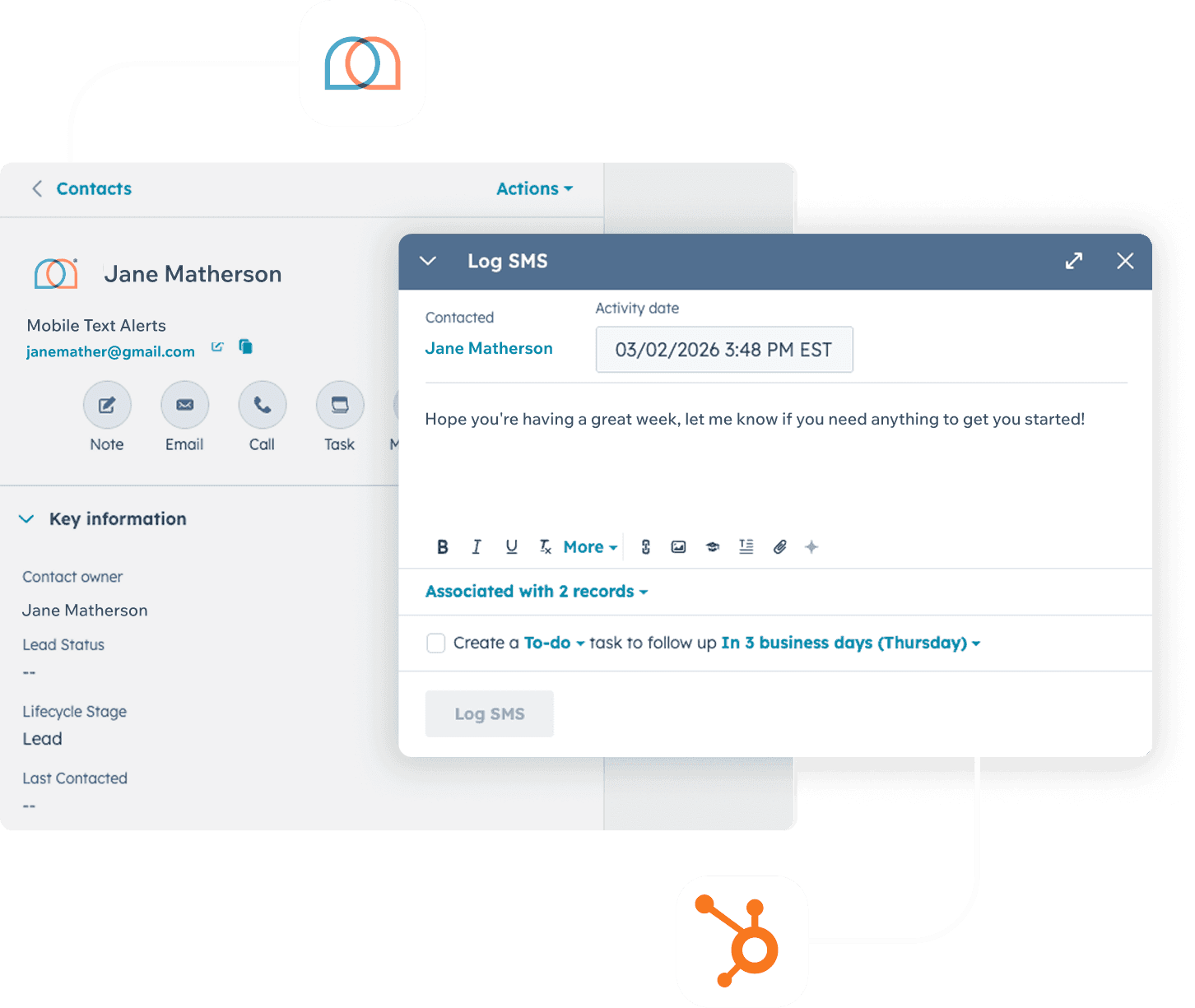 Mobile Text Alerts SMS integration inside HubSpot CRM — showing a contact record with a Log SMS panel open, free for 30 days after install.