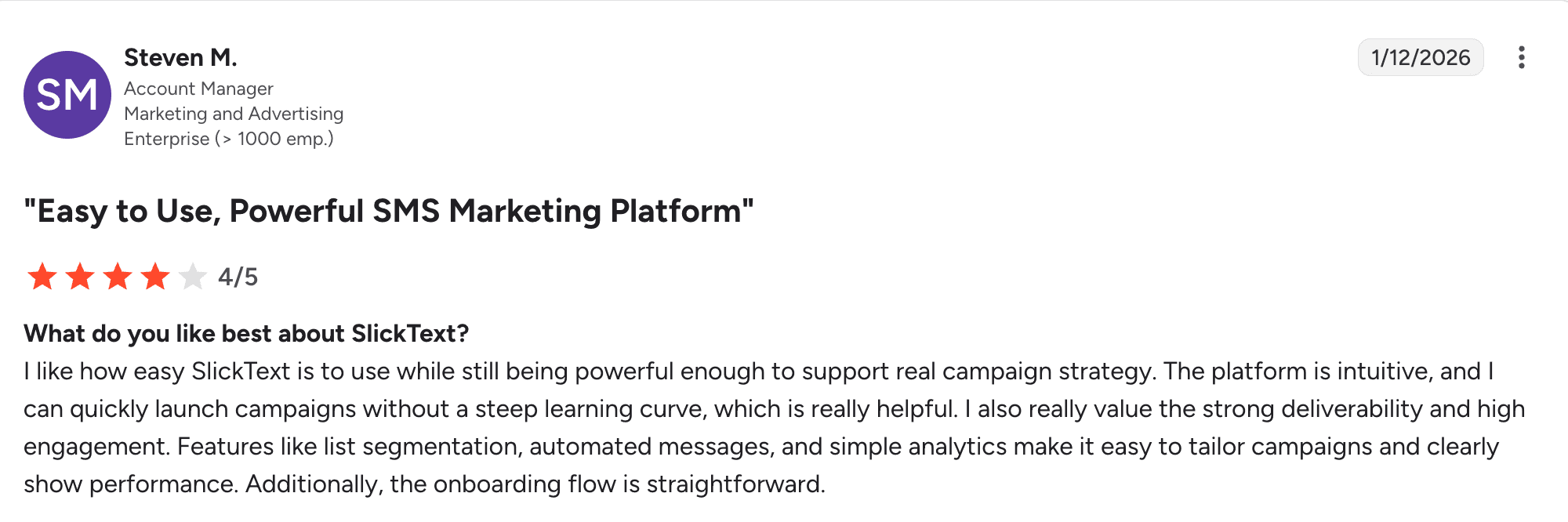 Screenshot of SlickText review from G2