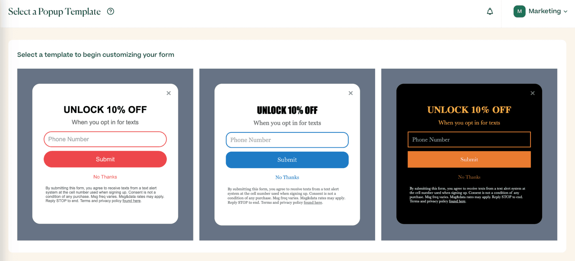 Screenshot of choosing an opt-in form layout in the Mobile Text Alerts dashboard