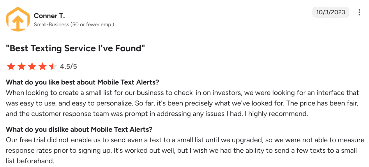 Screenshot of review of Mobile Text Alerts from G2