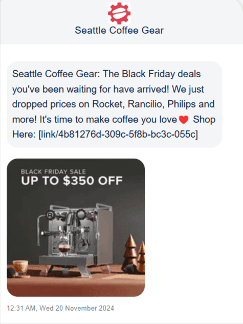 Promotional SMS example from Seattle Coffee Gear