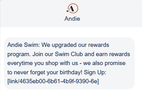 Promotional SMS example from Andie Swim