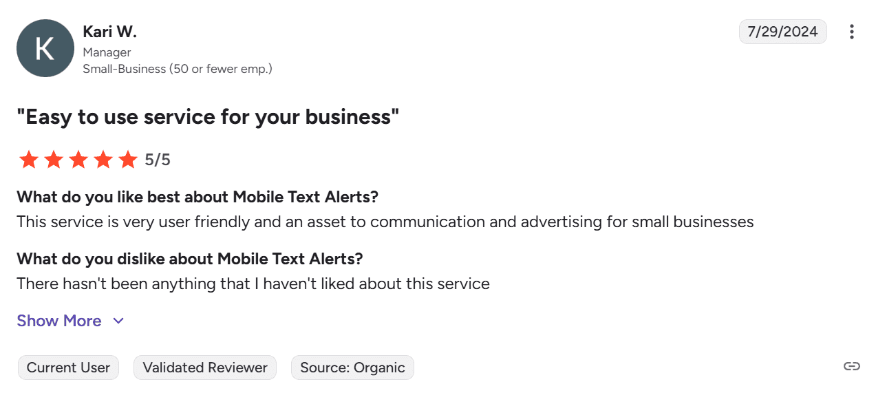Screenshot of review of Mobile Text Alerts from G2