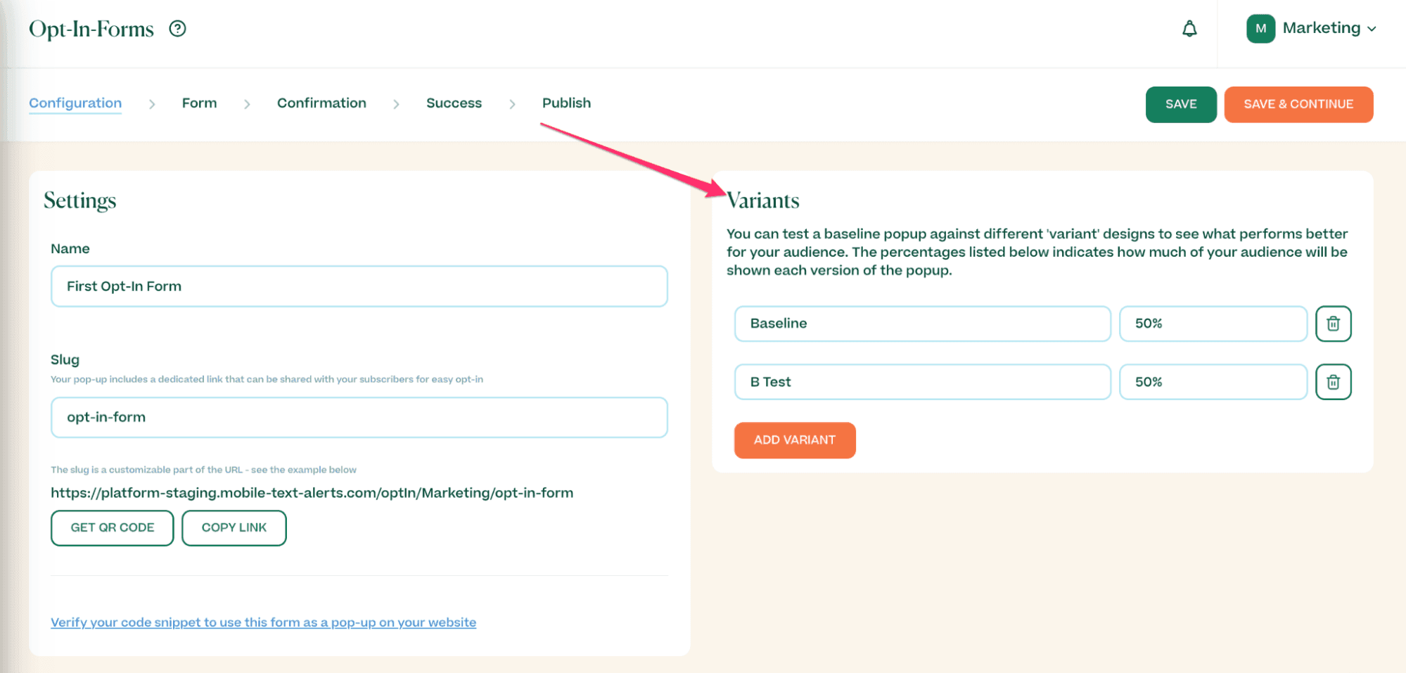 Screenshot showing opt-in form variants in the Mobile Text Alerts dashboard