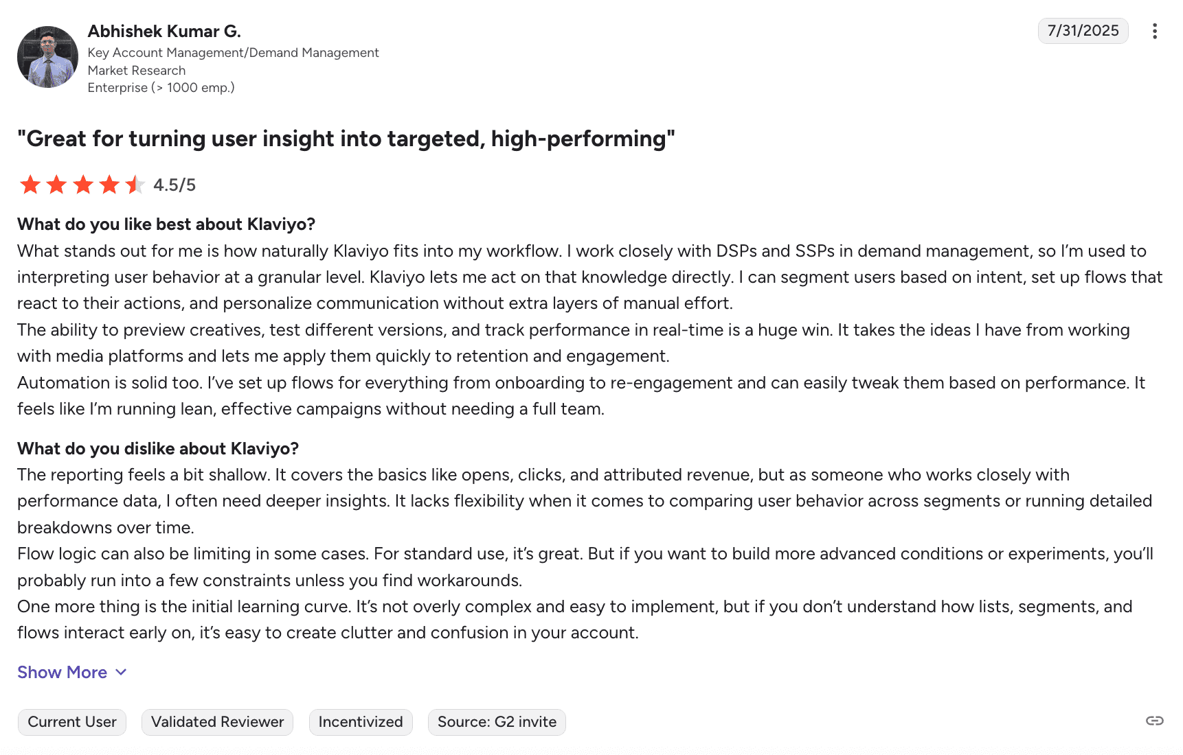Review on Klaviyo from G2