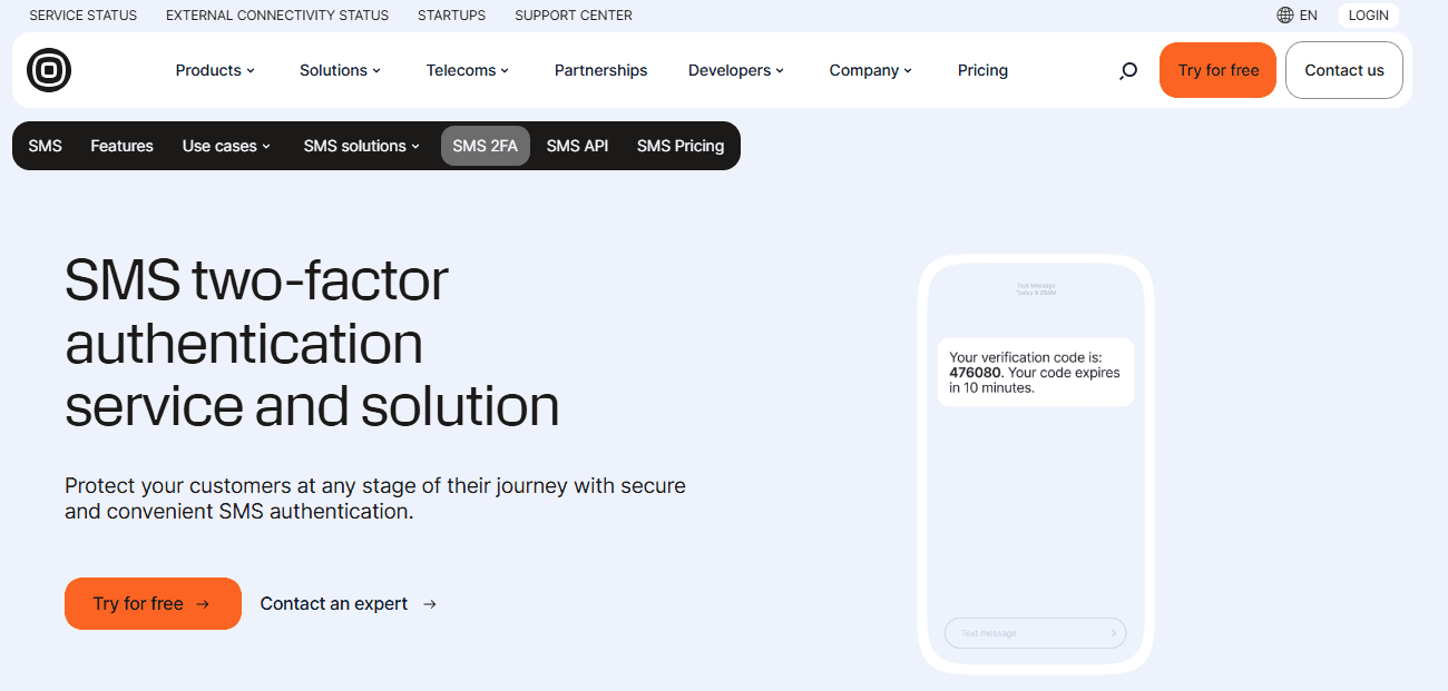 Screenshot of Infobip 2FA authentication page