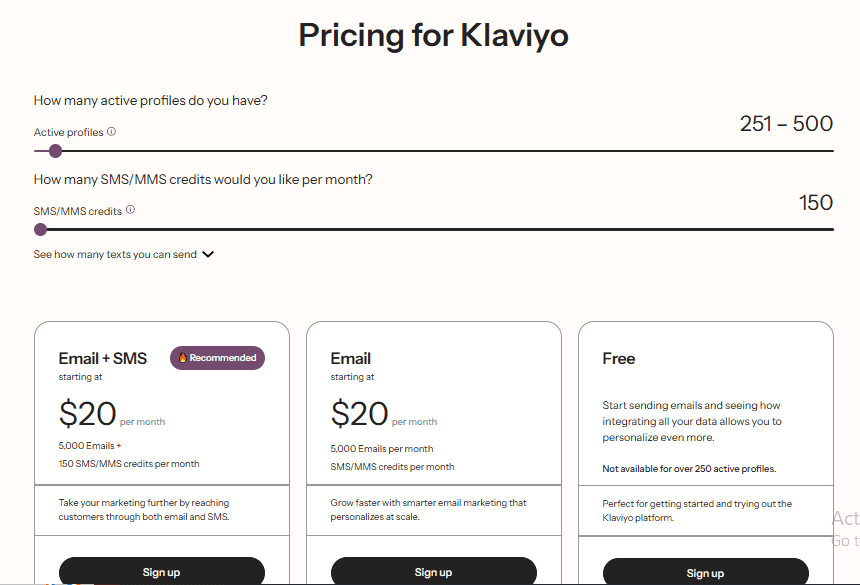 Screenshot showing Klaviyo pricing