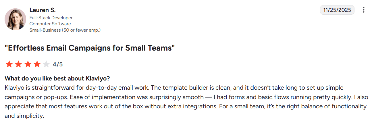 Screenshot of Klaviyo review