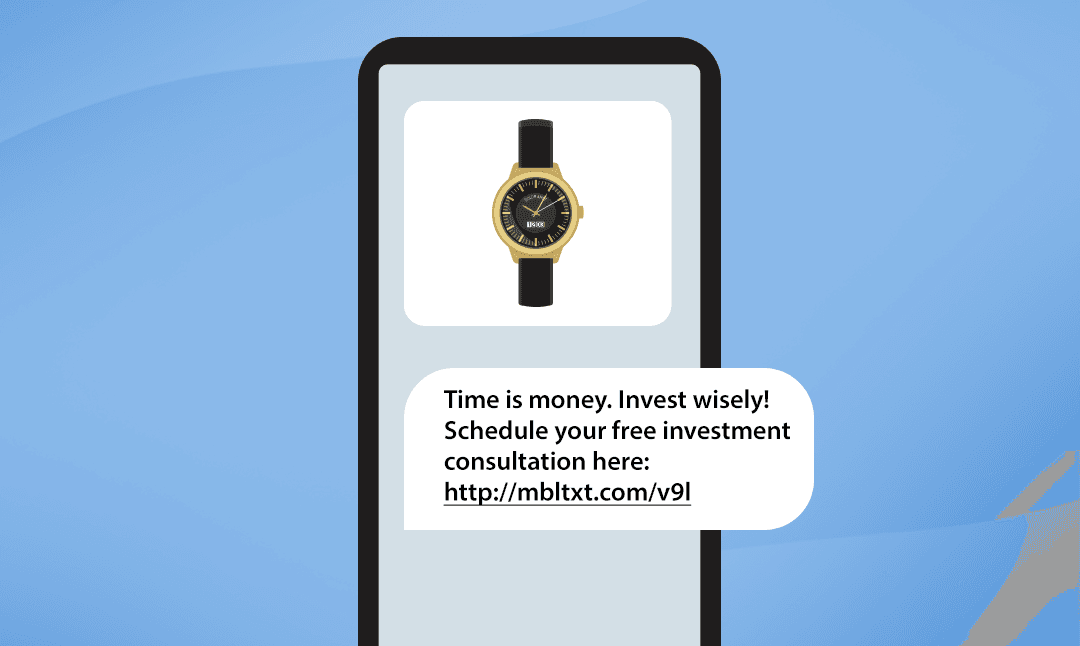 A phone with an MMS showing a watch on a clean, white background with the corresponding text message below