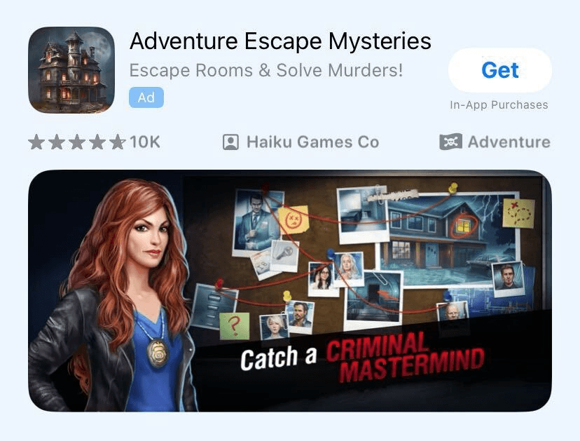 App store ad for adventure escape mysteries