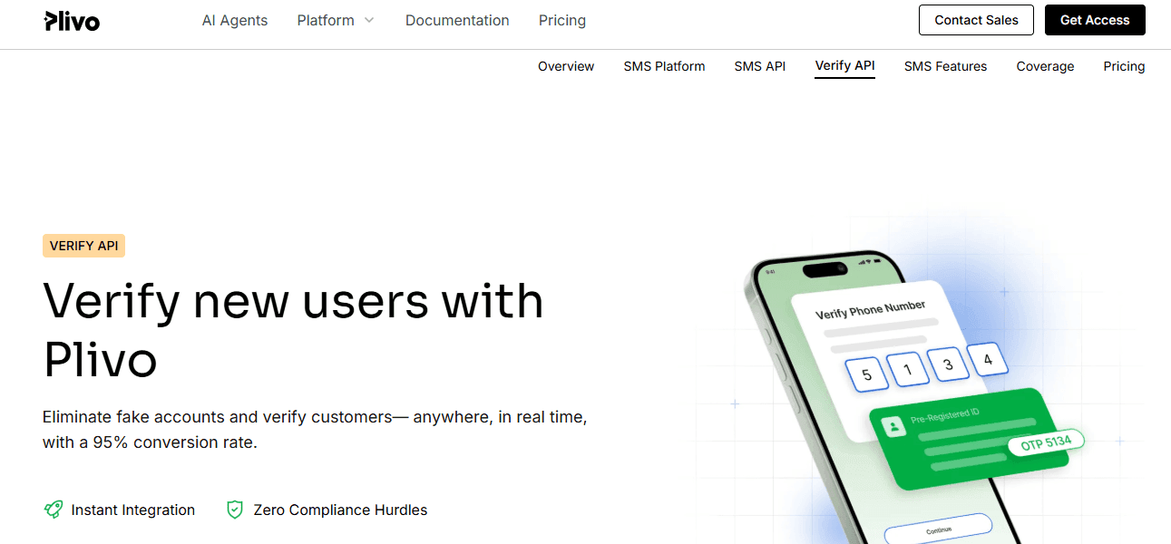 Screenshot of Plivo Verify API landing page