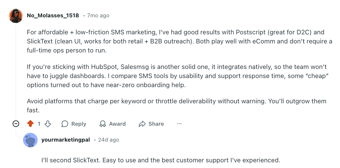 Screenshot of Reddit comment about SlickText and other SMS platforms