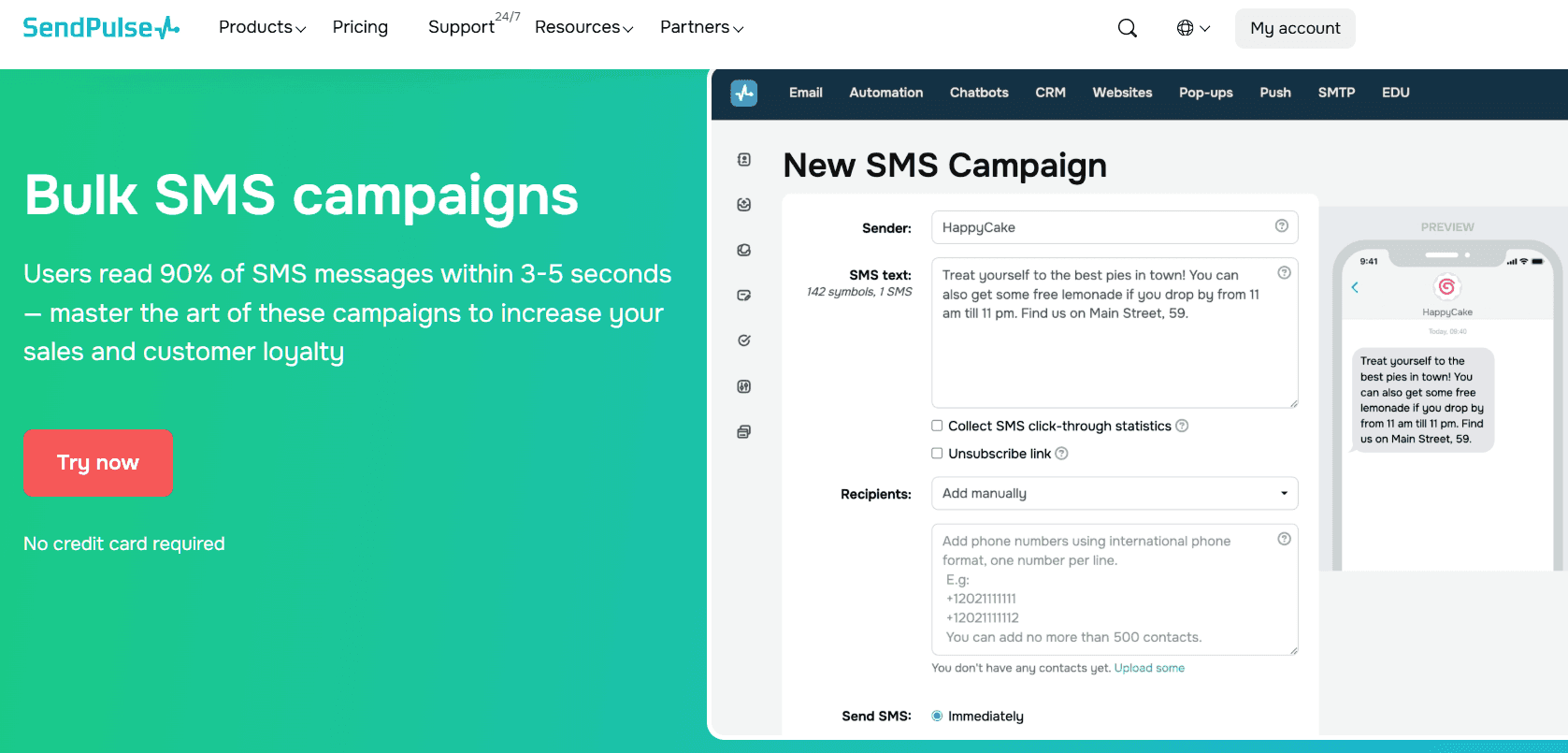 Screenshot of SendPulse home page