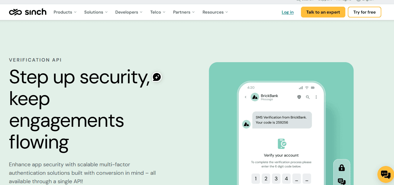 Screenshot of Sinch Verification API page