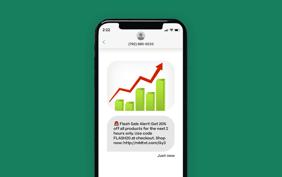 Text message being received marketing flash sale including a bar graph image
