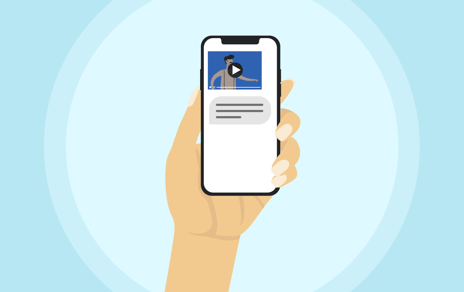 Cartoon representation of someone receiving a text message with a video on their phone