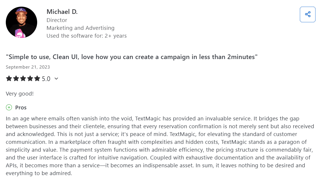 Screenshot of Textmagic review