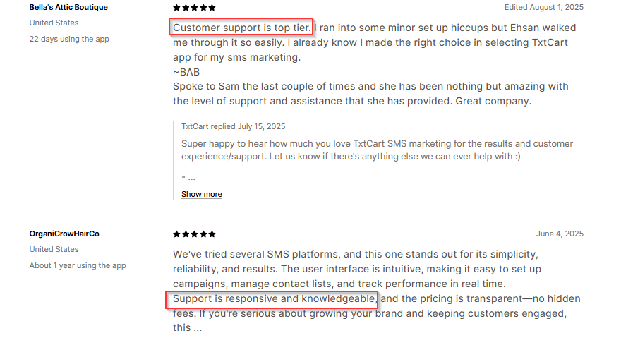 TxtCart's customer support reviews