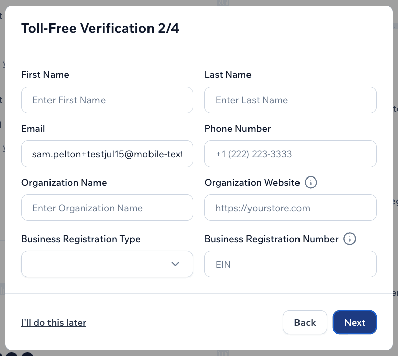 Screenshot of SMS registration form asking for basic business details