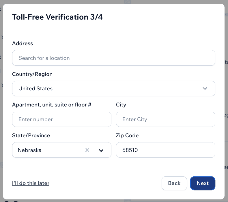Screenshot of SMS registration form asking for business address