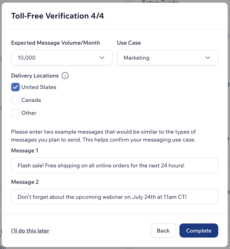 Screenshot of SMS registration form asking for message details