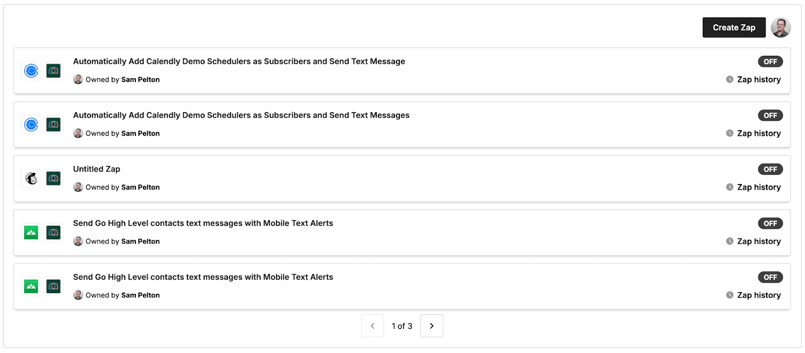 Screenshot of Zaps created