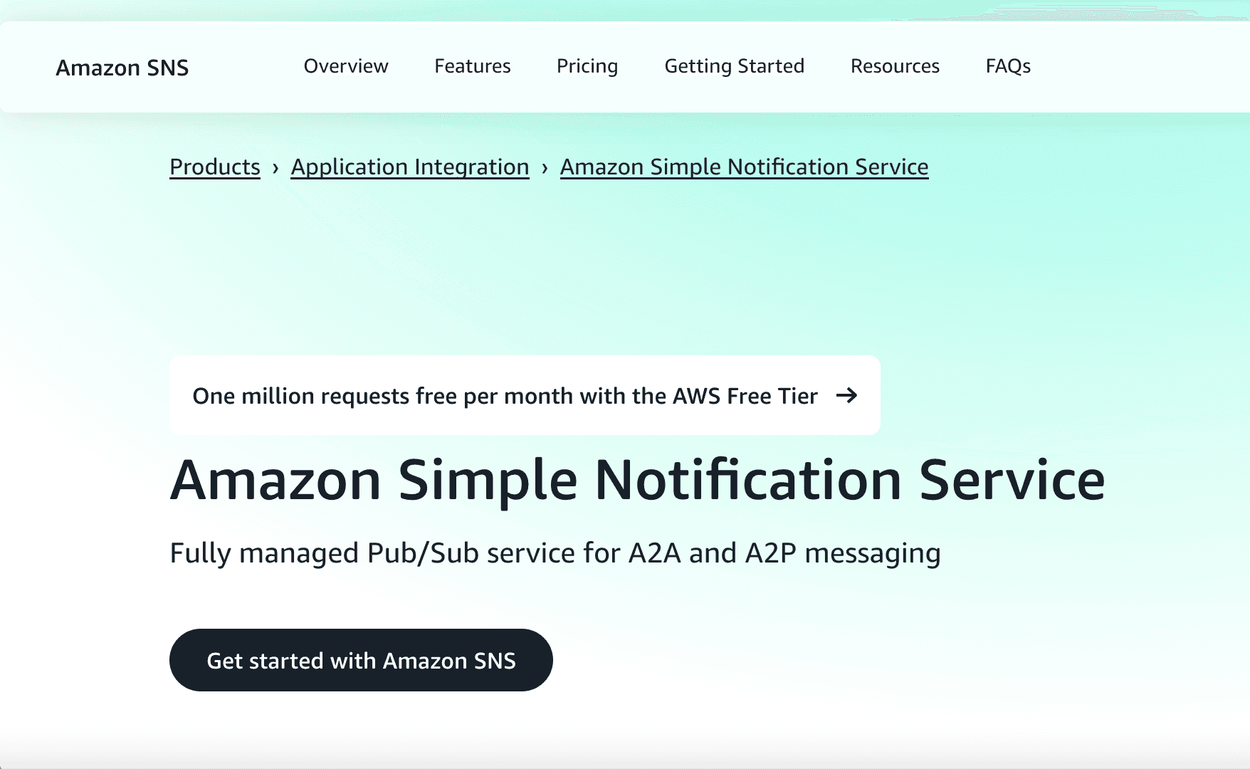 Screenshot of Amazon SNS page