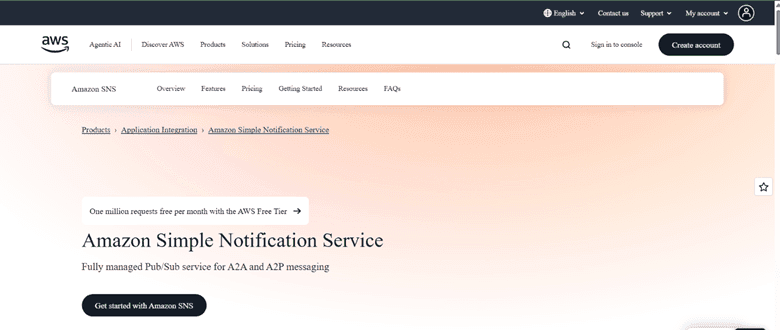 Screenshot of Amazon SNS home page