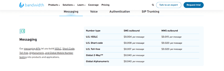 Screenshot of Bandwidth pricing