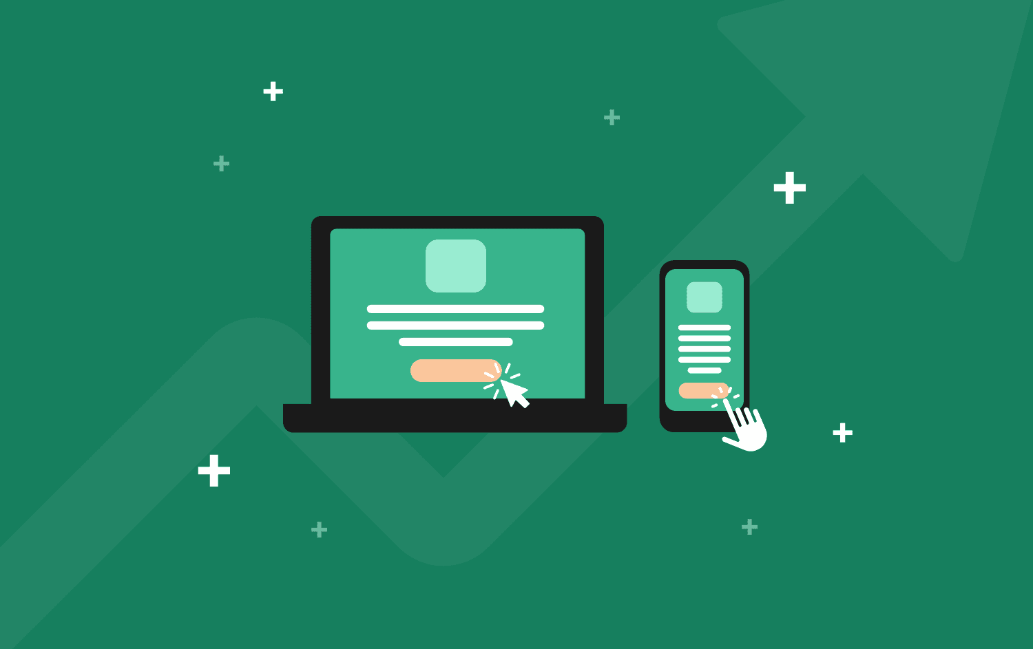 Cartoon graphic of laptop and mobile device side by side displaying the same website